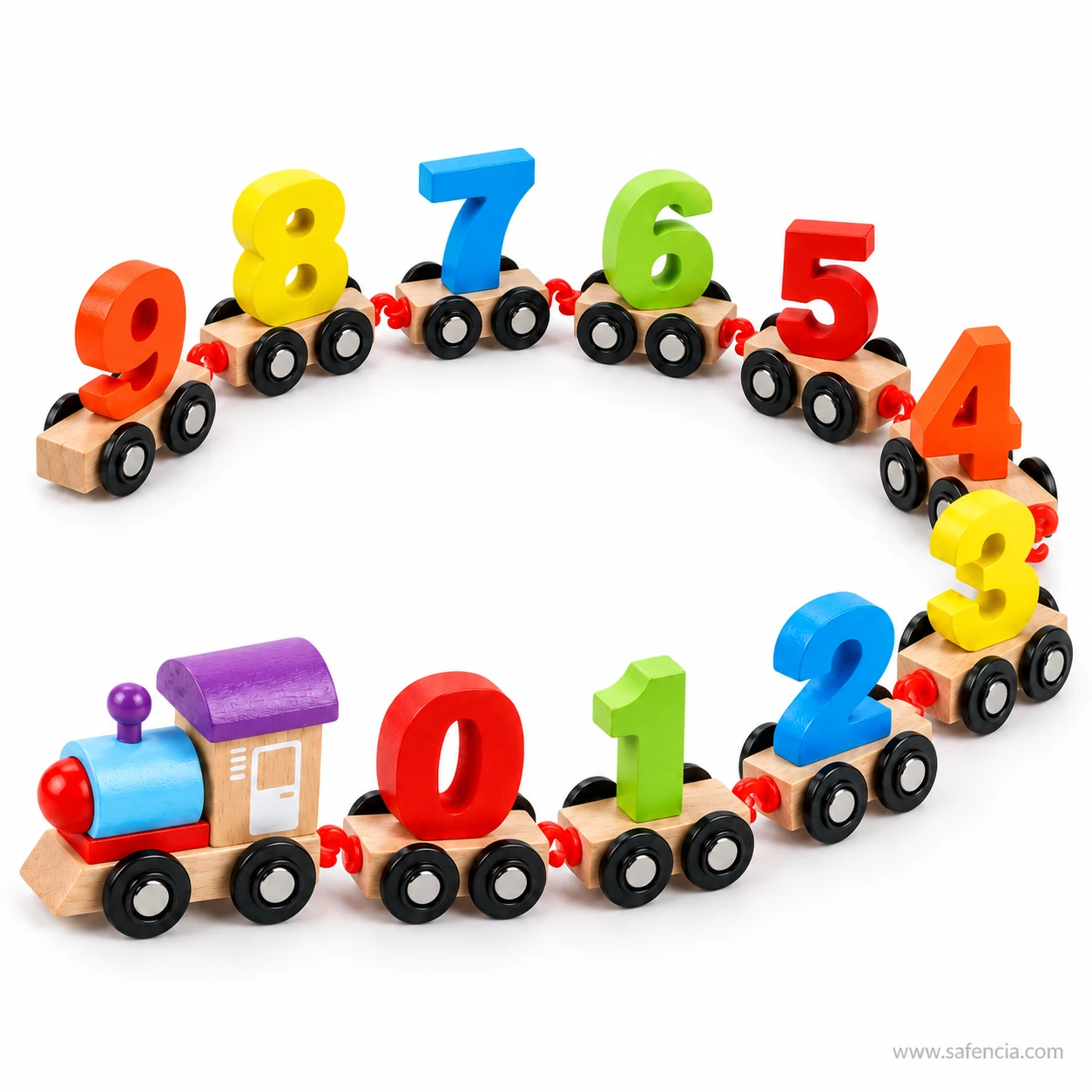 The wooden number train curled into a circle showing how freely the hook couplings turn between wagons