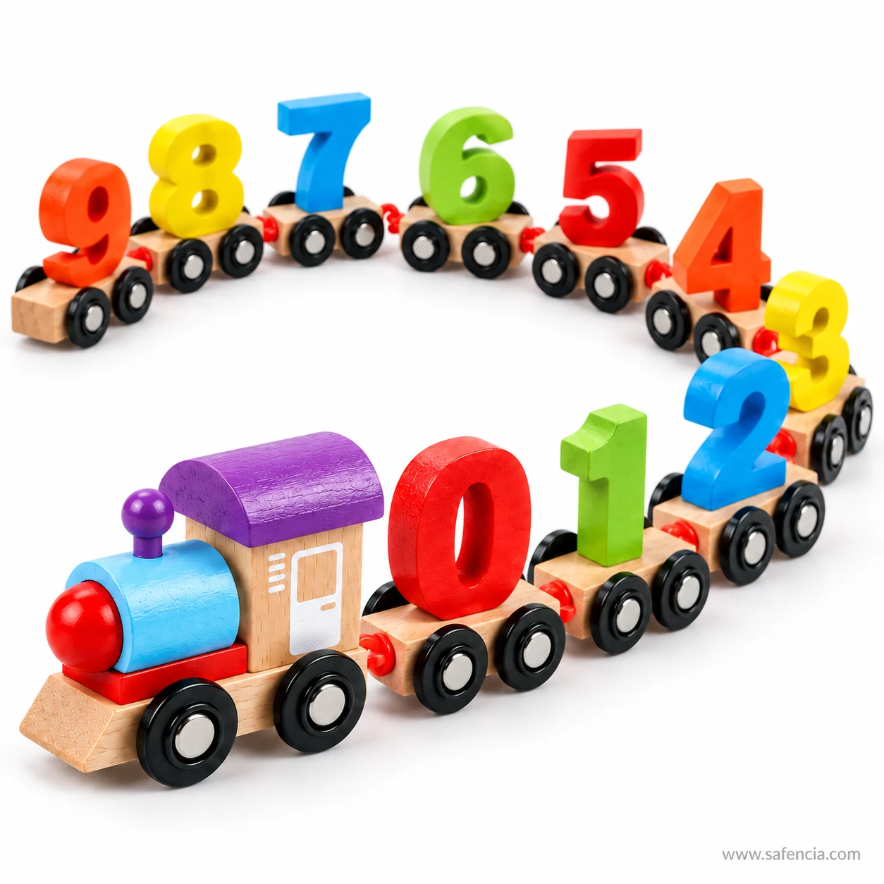 Wooden train engine with its purple roof leading the numbered wagons round a gentle curve