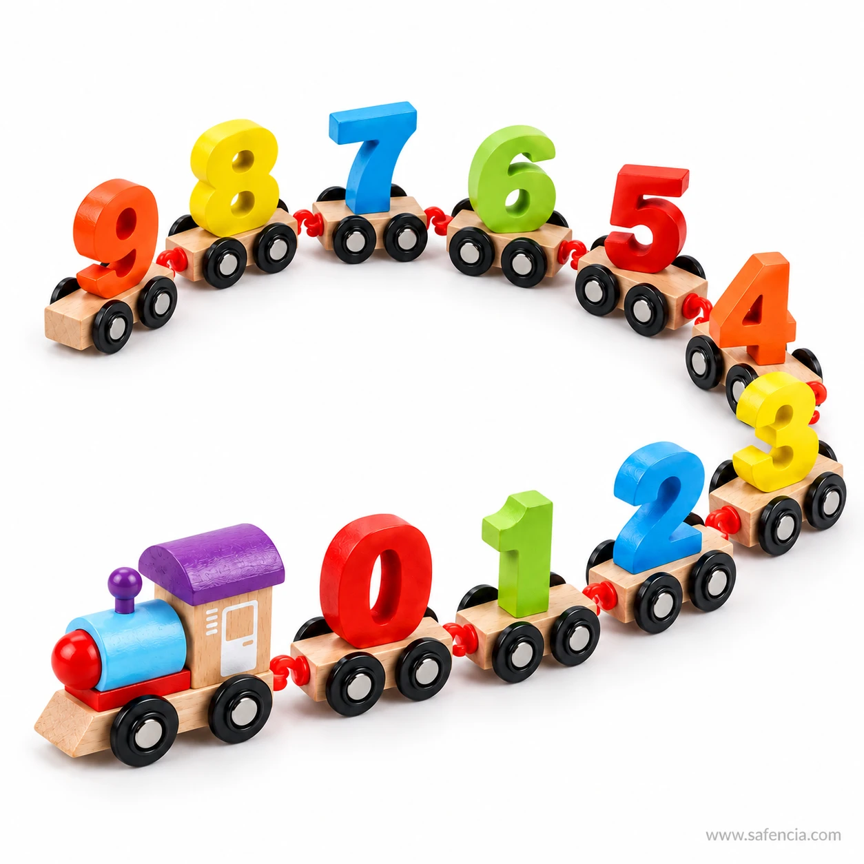 Wooden number train bent into an S curve so the red hook and ring couplings between wagons are visible