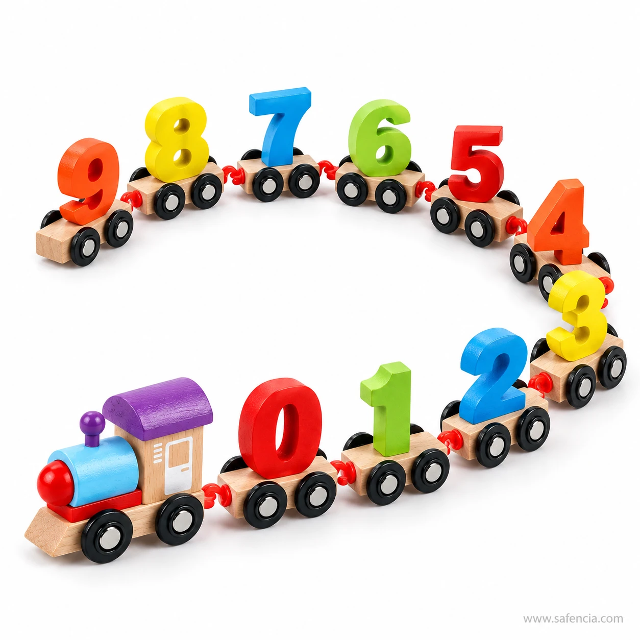 Close view of the thick painted wooden numerals 0 to 9 standing on their wagons in a wide arc