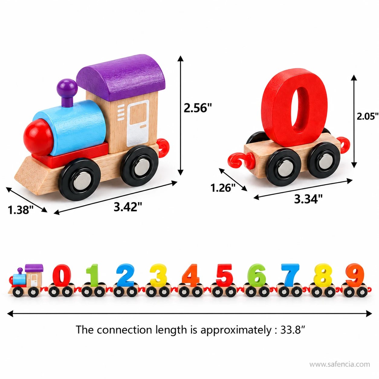 Measurement guide showing the engine at 3.42 by 1.38 by 2.56 inches and a numbered wagon at 3.34 by 1.26 by 2.05 inches