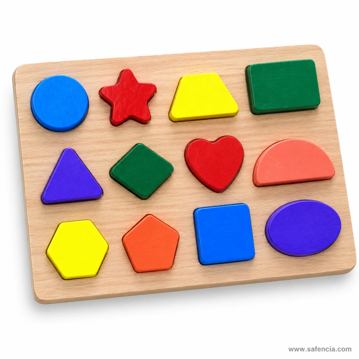 Twelve shapes wooden puzzle board showing the red heart, coral semicircle and indigo oval pieces