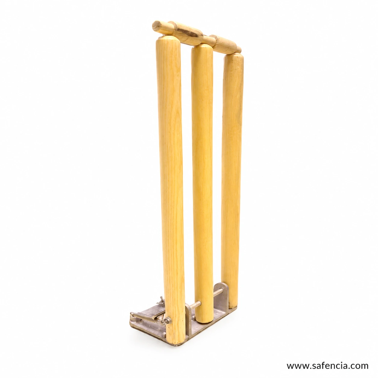 Wooden spring wickets angled view showing steel base plate and stump springs