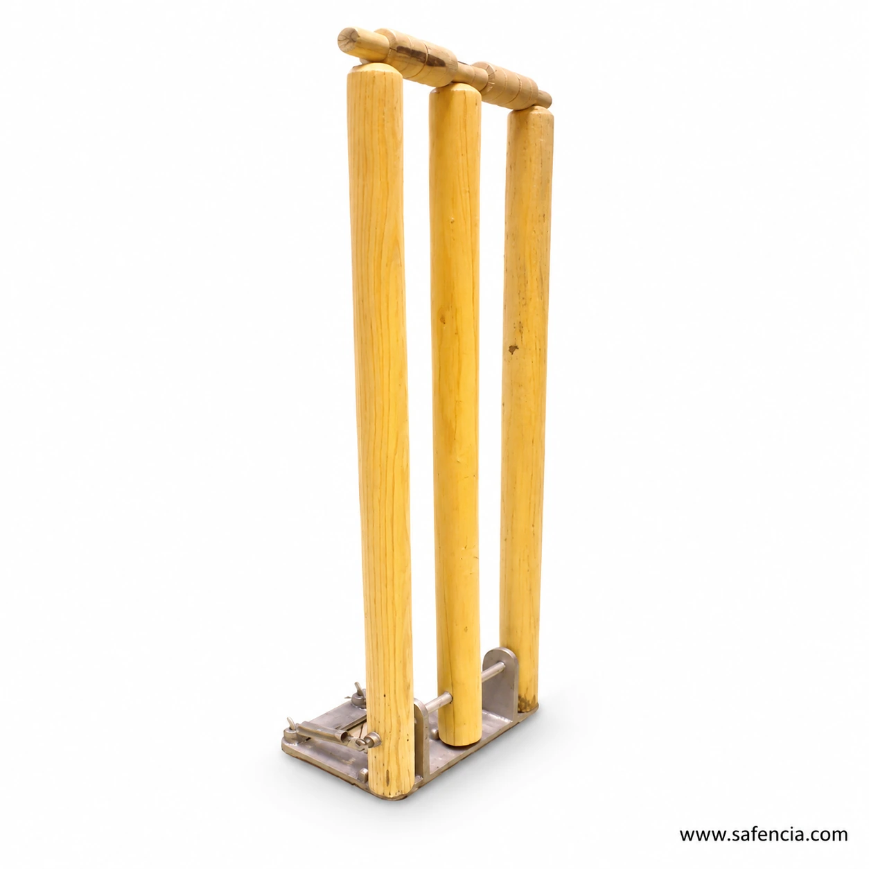 Wooden spring cricket wickets showing natural wood grain stumps and bails