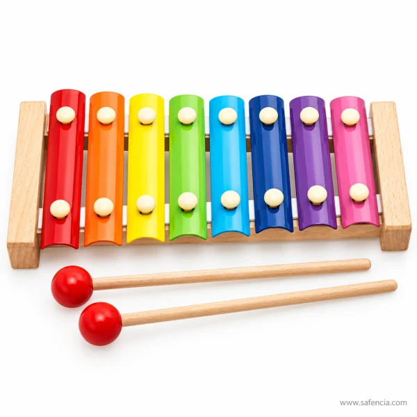 Eight-note wooden xylophone seen front on, keys running red through to pink