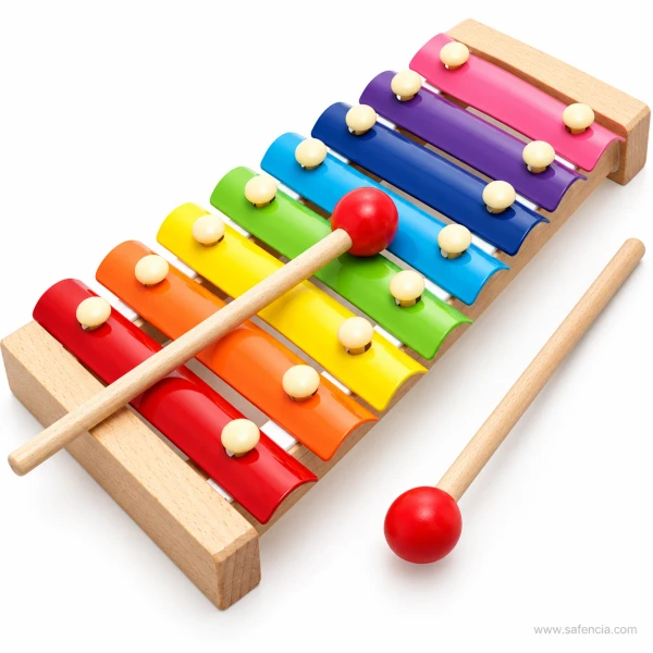 Wooden xylophone with a mallet resting across its eight rainbow keys