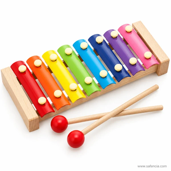 Eight-note wooden xylophone with both wooden mallets crossed in front of it