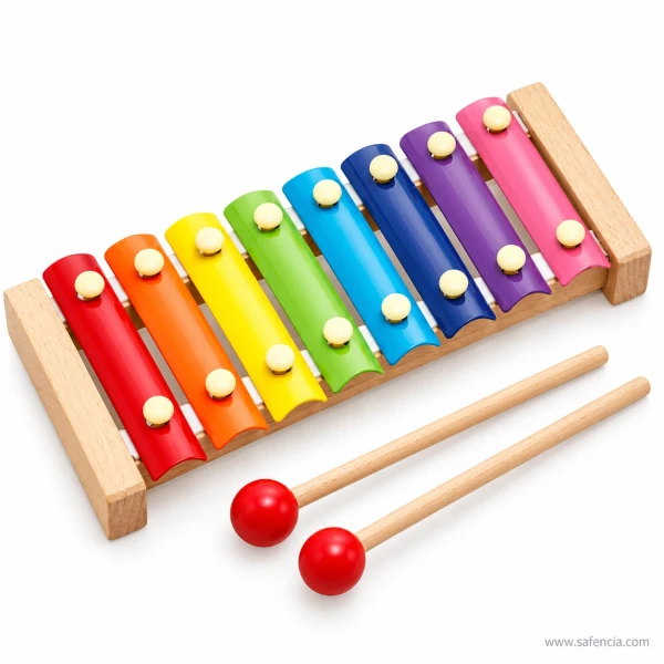 Wooden xylophone beside its two beech mallets with round red heads