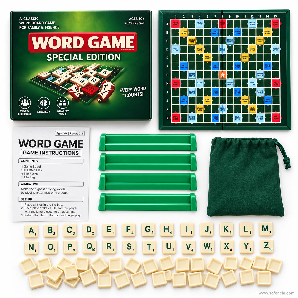 Word board game contents laid out: folding board, letter tiles A to Z, four racks, tile bag and instructions