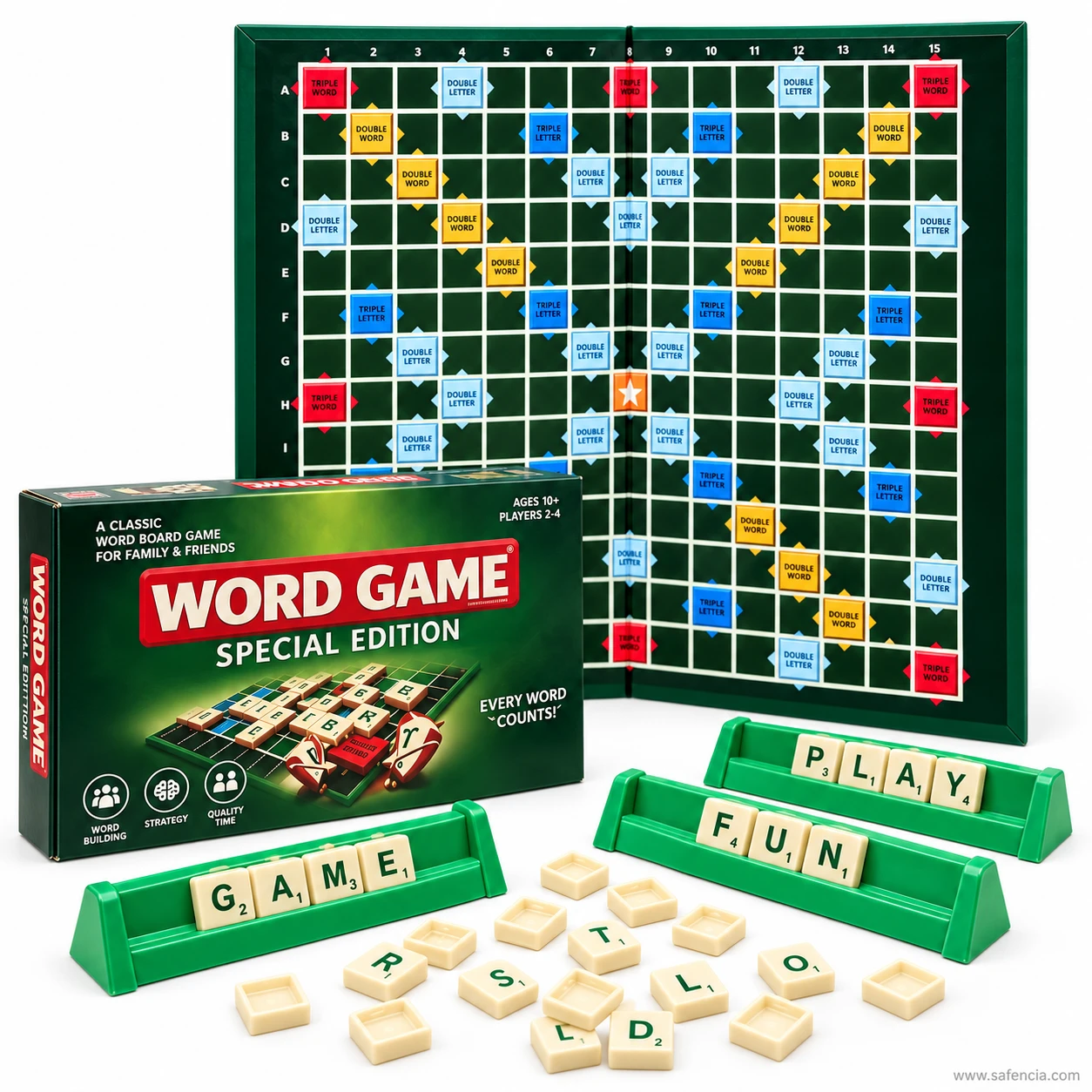 Word game folding 15 by 15 board with double and triple letter and word premium squares