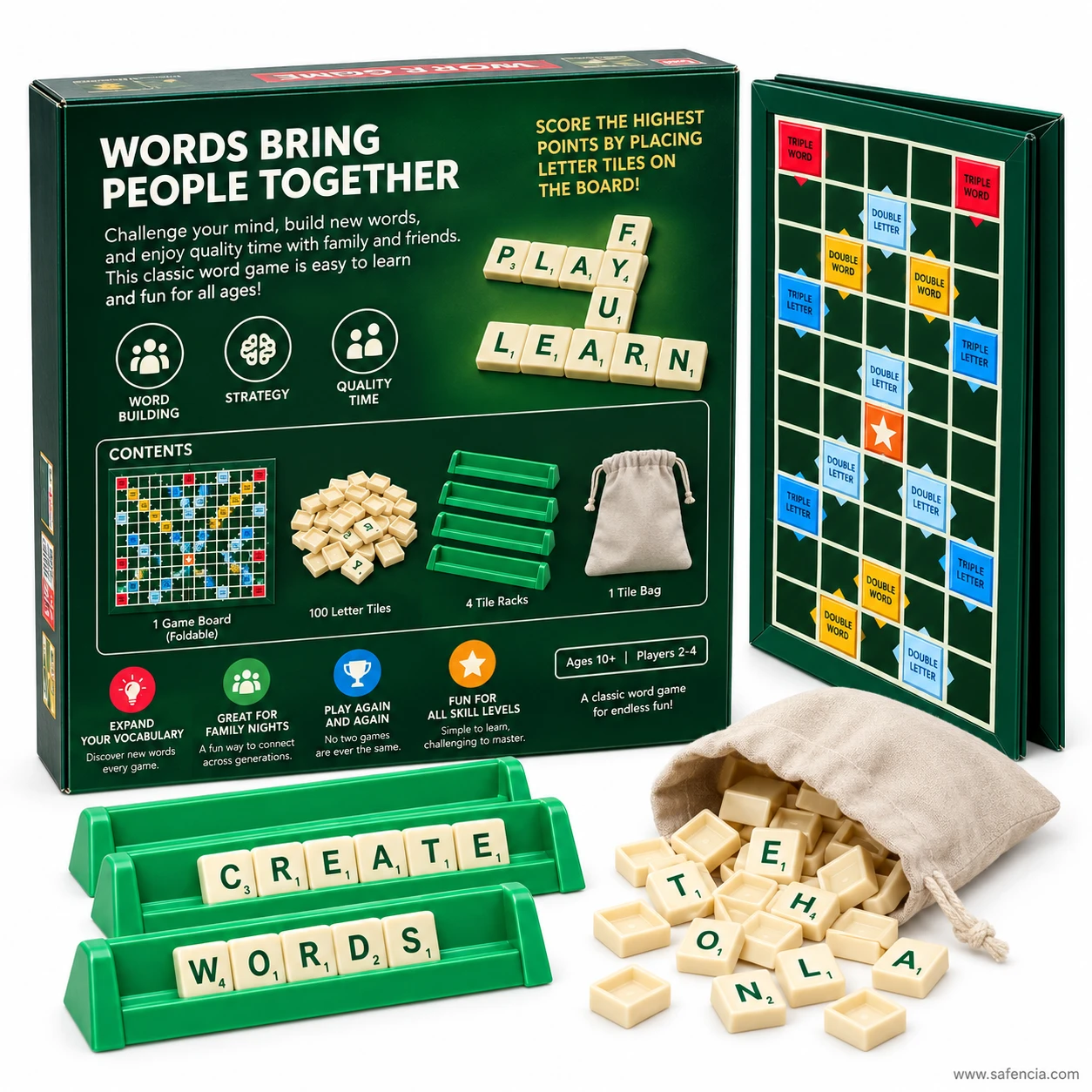 Back of the Word Game Special Edition box with contents list beside the standing board and tile bag