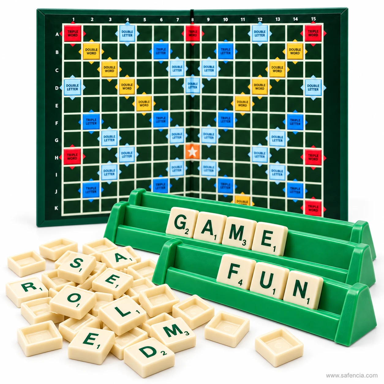 Close-up of word game tile racks spelling GAME and FUN with letter tiles showing point values