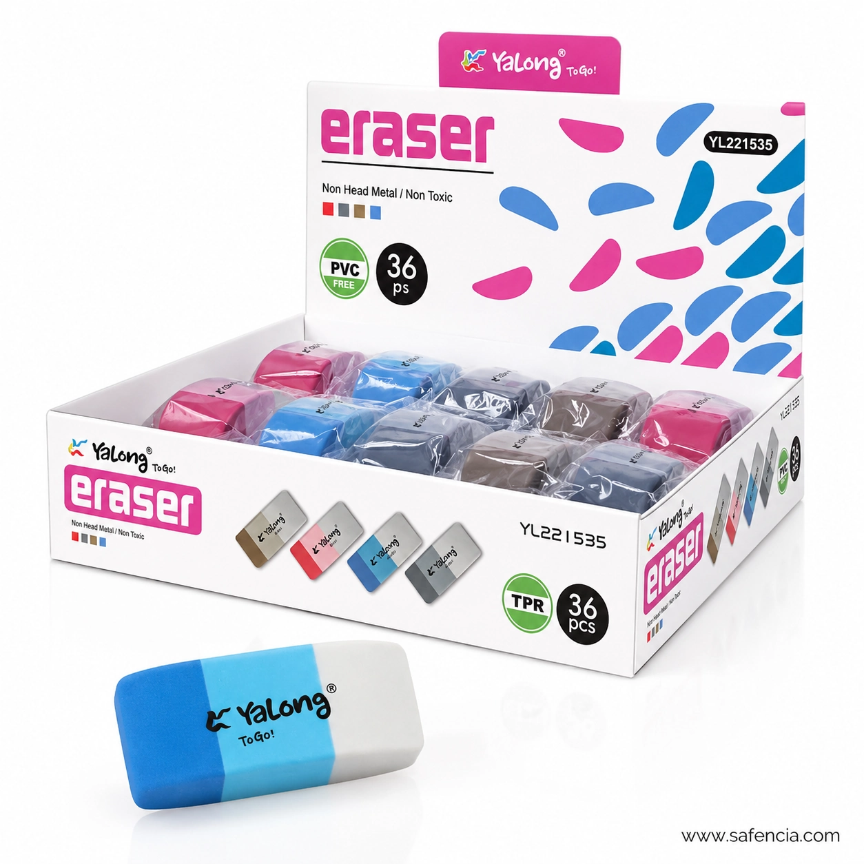 Yalong ToGo counter display box of 36 individually wrapped Y221535 erasers with red, grey, brown and blue colour swatches printed on the front