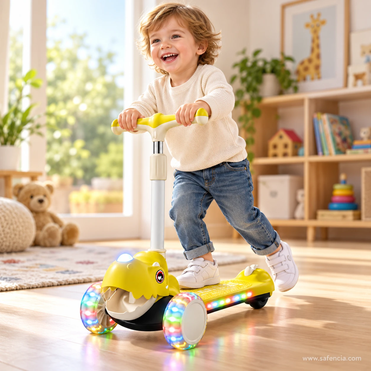 Happy young boy riding the yellow dinosaur kids scooty indoors with its wheels glowing