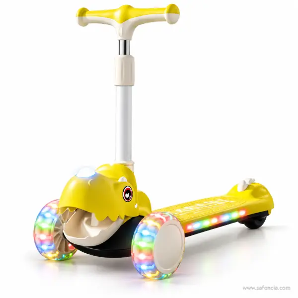 Yellow Dinosaur Kids Scooty with Light-Up Wheels, Deck Lights and Music
