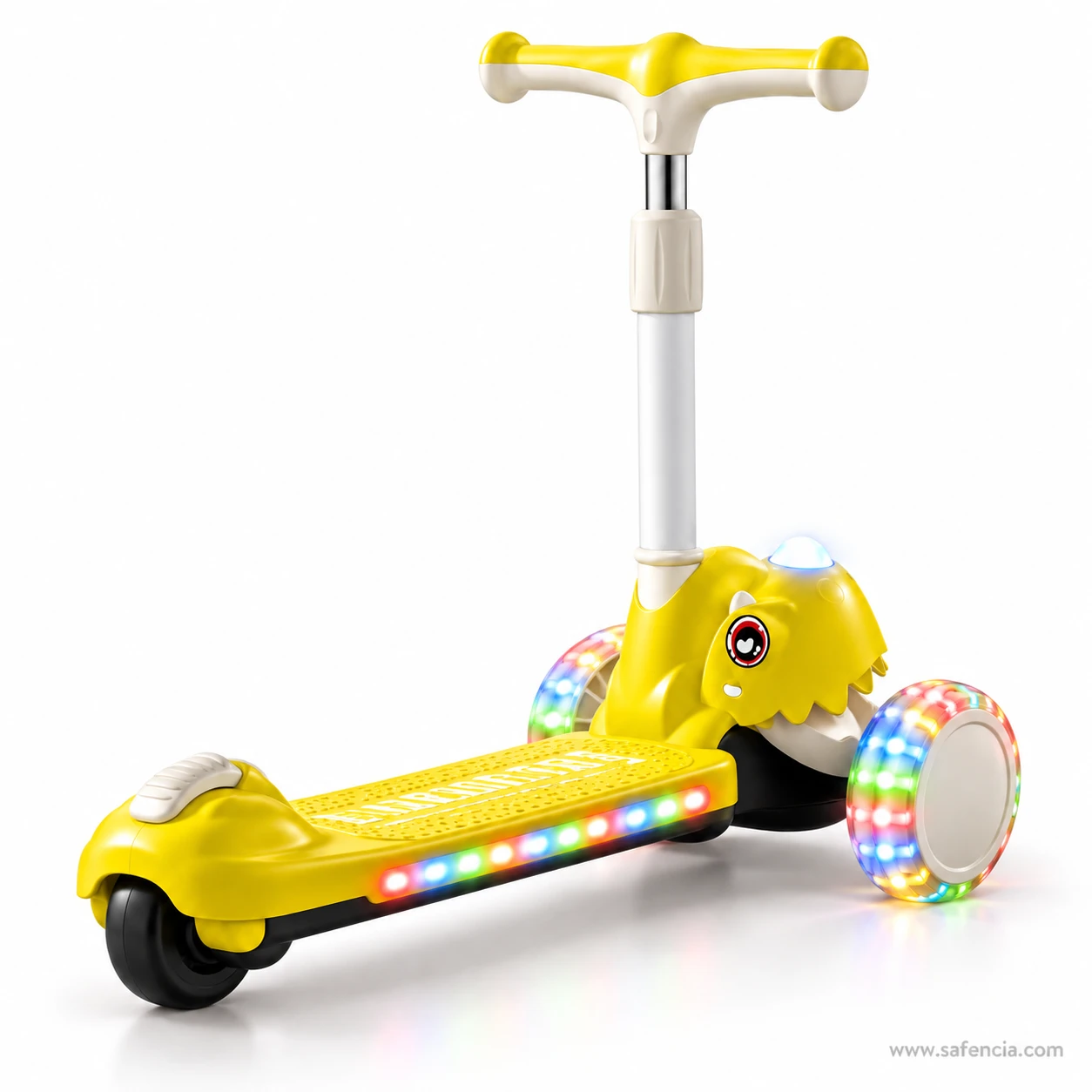 Yellow dinosaur kids scooty from behind with the rainbow deck light strip glowing