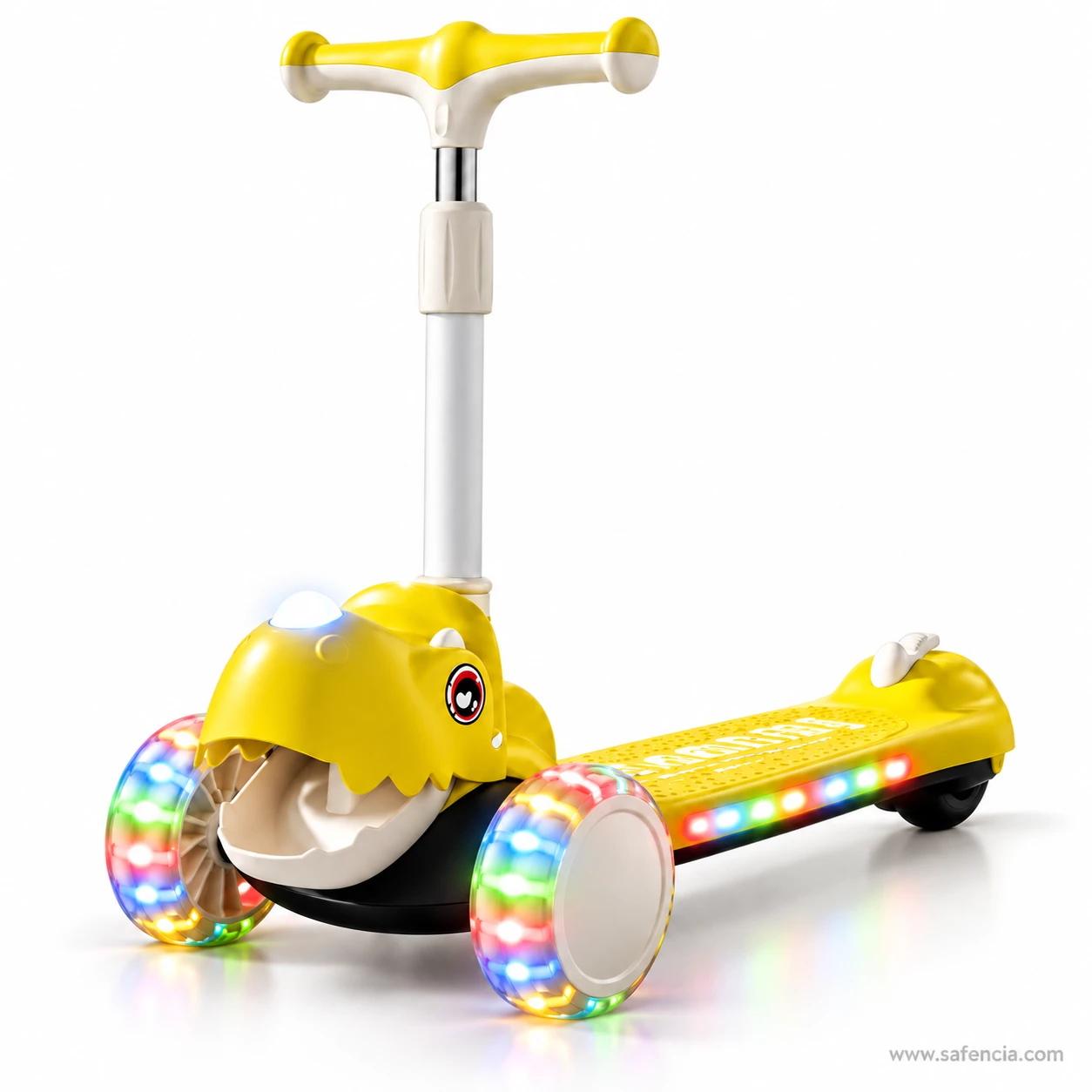Front angle of the yellow dinosaur kids scooty with open jaws, head light and rainbow wheels