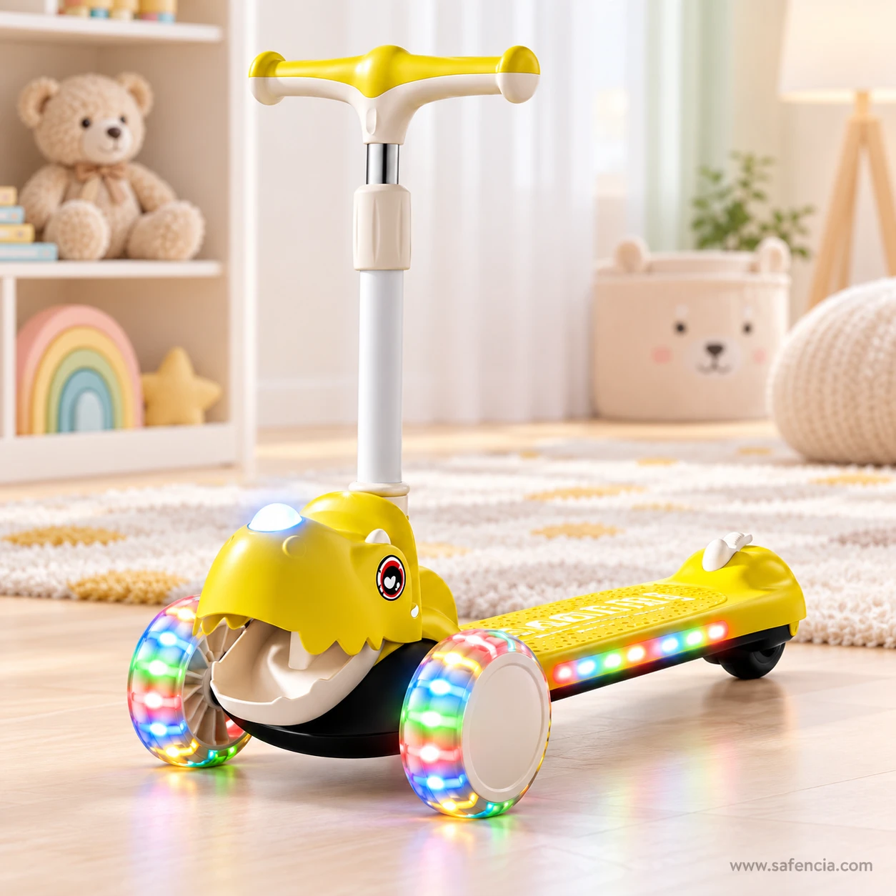 Yellow dinosaur kids scooty standing on a rug in a playroom with a teddy bear and shelves