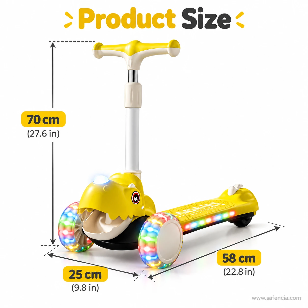 Product size of the yellow dinosaur kids scooty: 70 cm tall, 25 cm wide, 58 cm long