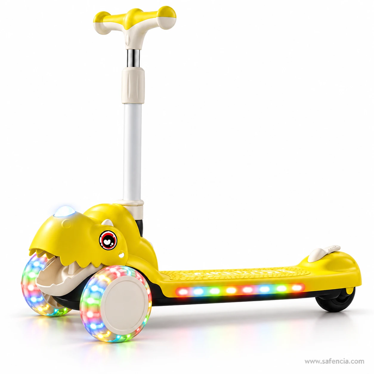 Side view of the yellow dinosaur kids scooty showing the spikes along its back and the long deck