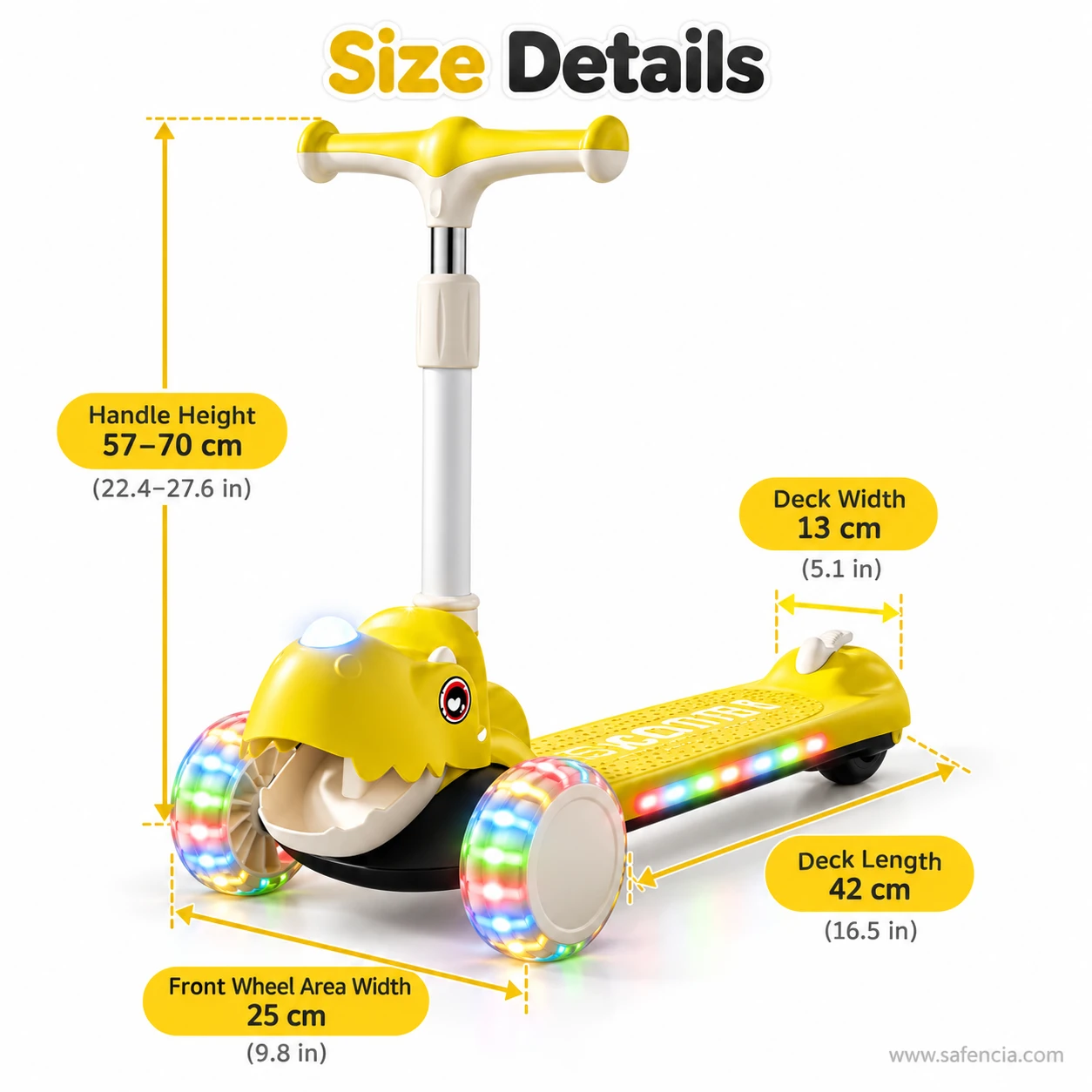 Yellow dinosaur kids scooty size details: 57-70 cm handle, 42 cm by 13 cm deck, 25 cm wheel span