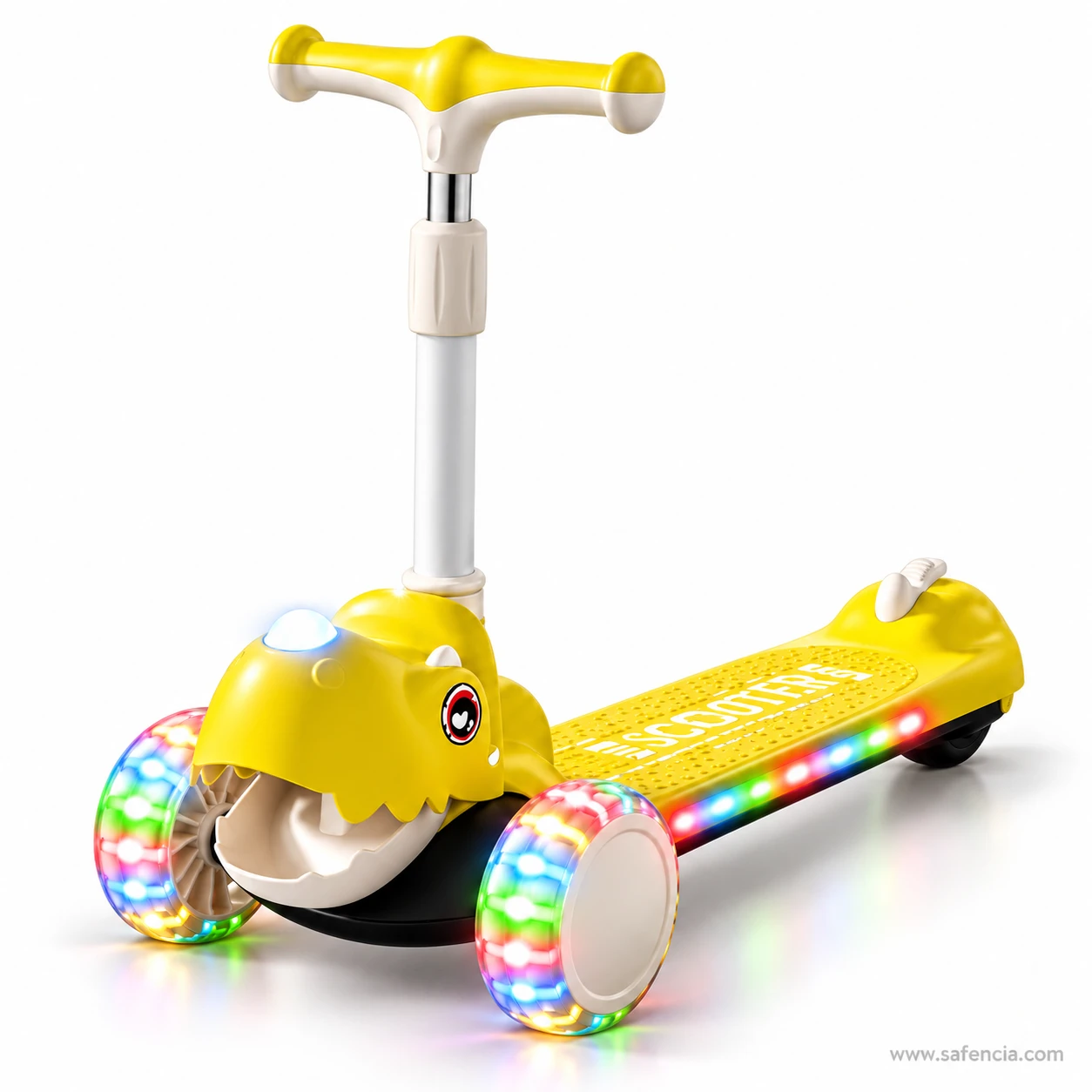 Yellow dinosaur kids scooty at three-quarter view with the deck light strip and spiked tail